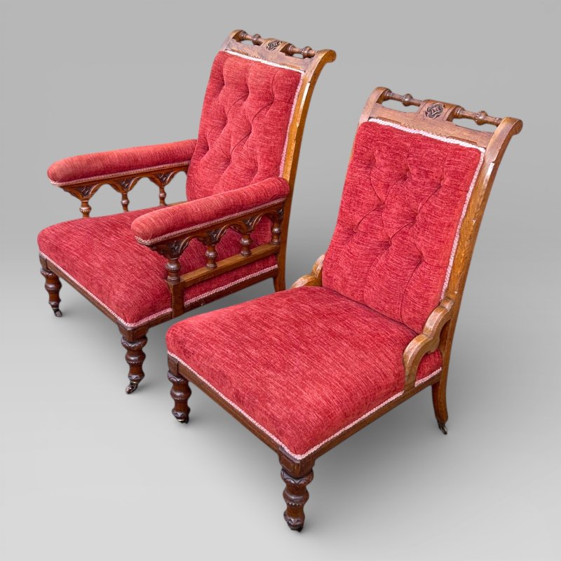 Antique Victorian Pair Of Ladies And Gentlemen’s Red Gothic Revival Oak Chairs